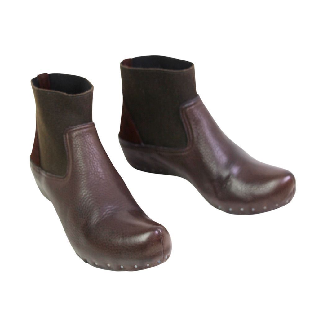 Vialis BROWN GENUINE LEATHER ELASTIC POINTED TOE WEDGE STUDS ANKLE BOOTS Sz 8